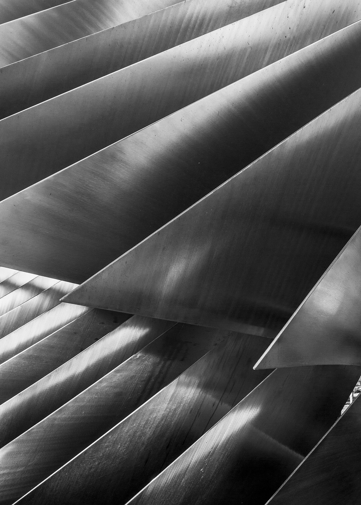 A black & white photo of a sculpture. The sculpture looks like separated book pages.