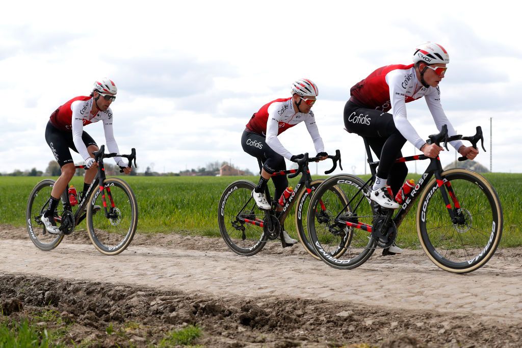 ROUBAIX FRANCE APRIL 14 Alexandre Delettre of France Eddy Fin of France and Davide Cimolai of Italy and Team Cofidis train during the 119th ParisRoubaix 2022 Training ParisRoubaix WorldTour on April 14 2022 in Roubaix France Photo by Bas CzerwinskiGetty Images