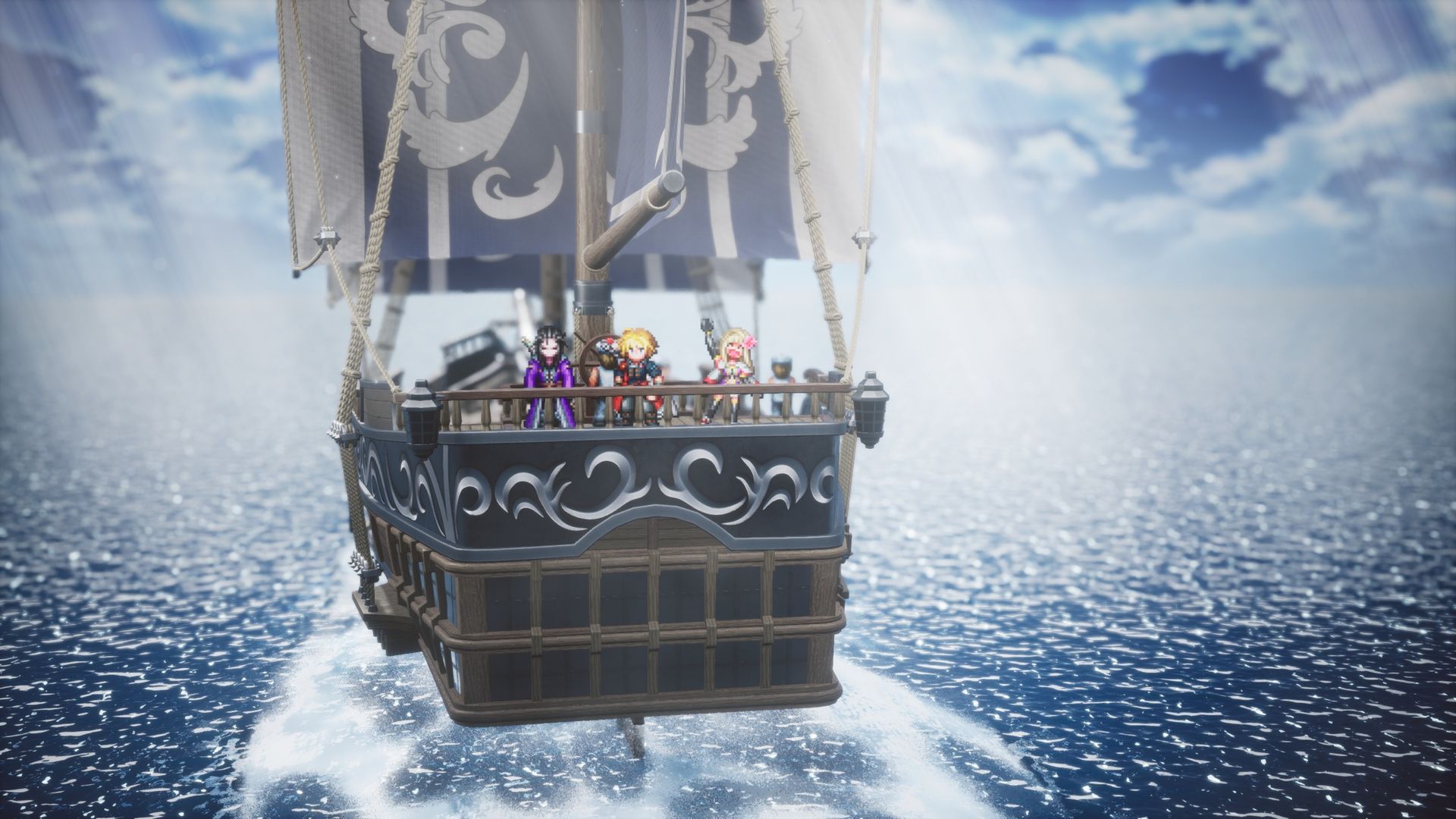 An ornate fantasy ship with patterned gray sails carries colorful characters across a sparkling blue ocean, creating a playful, adventurous mood.