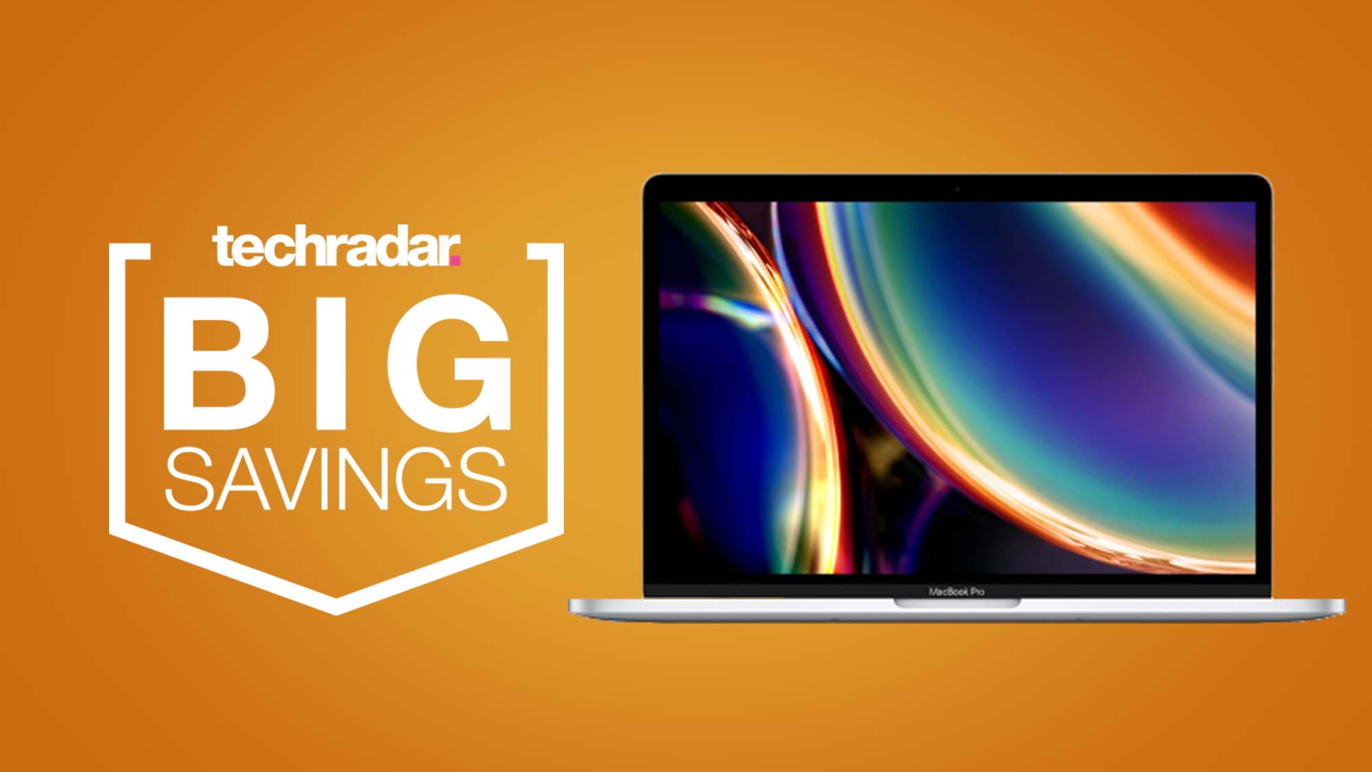 An Apple MacBook Pro against an orange background with a TechRadar Big Savings badge