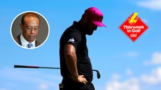 A shadowy image of Jon Rahm with inset headshot of Tiger Woods (top left) and the This Week In Golf sticker (top right)