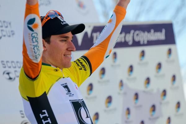 Race leader Anthony Giacoppo (Genesys) is presented with the yellow jersey