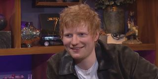 ed sheeran smiling while telling james corden a story on the late late show