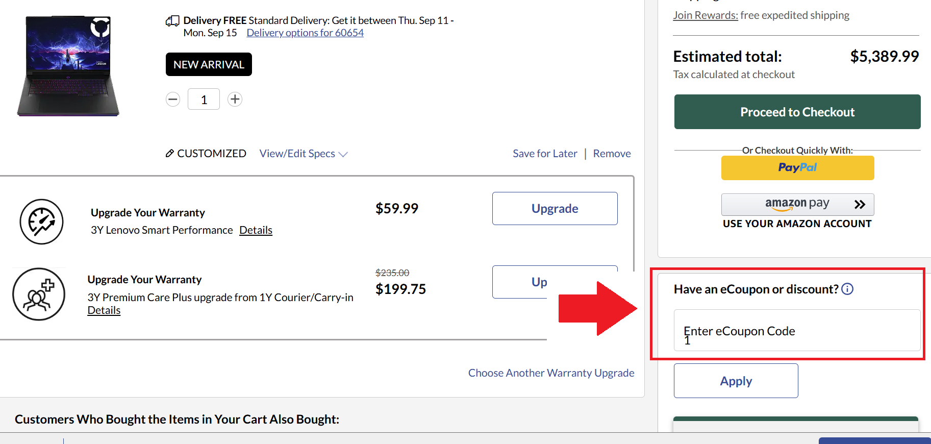 A screenshot of the lenovo checkout page showing where to enter a lenovo promo code