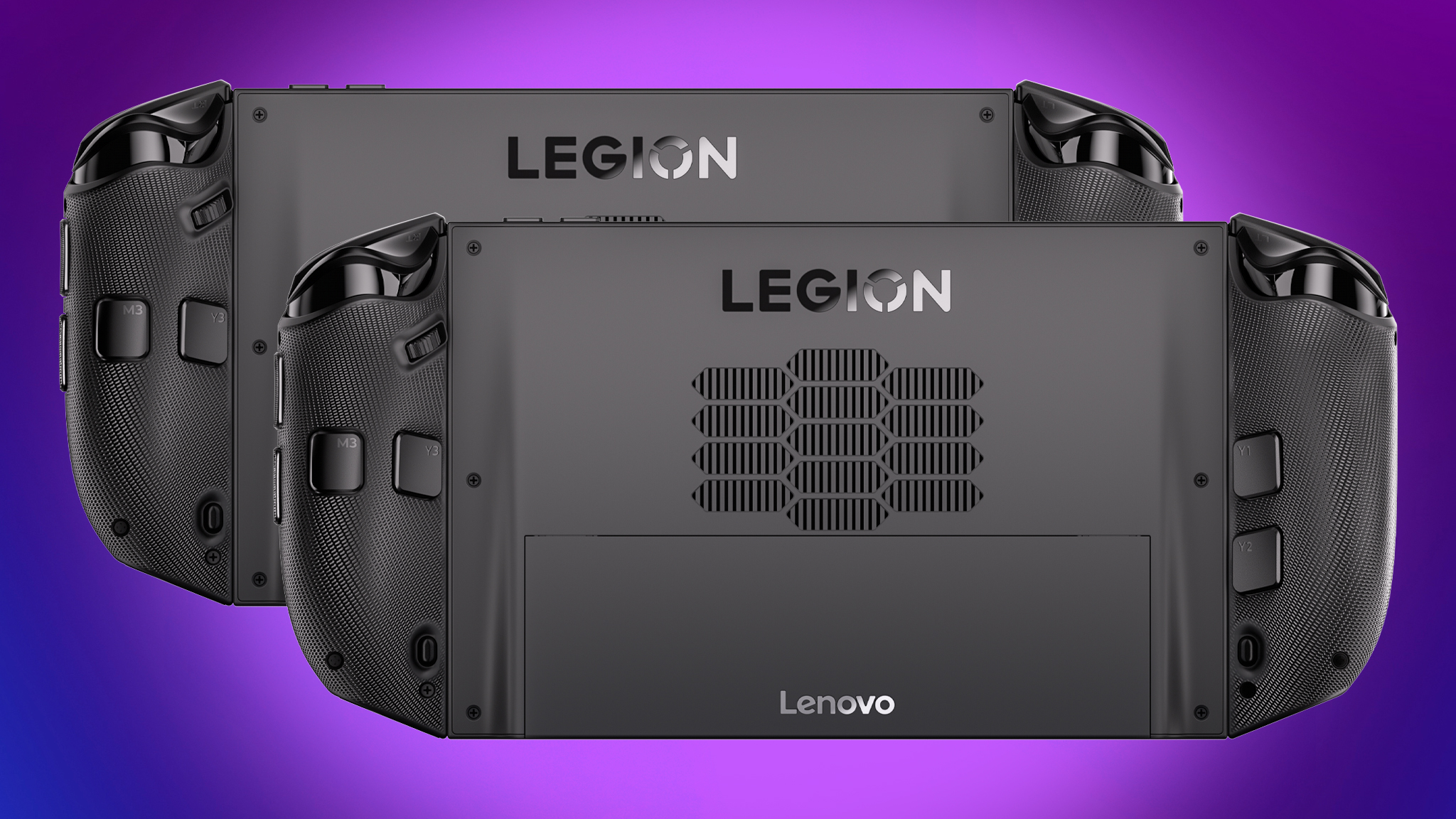 The Legion Go 2 (SteamOS) and Legion Go 2 (Windows) facing away, showing the backs are the same.