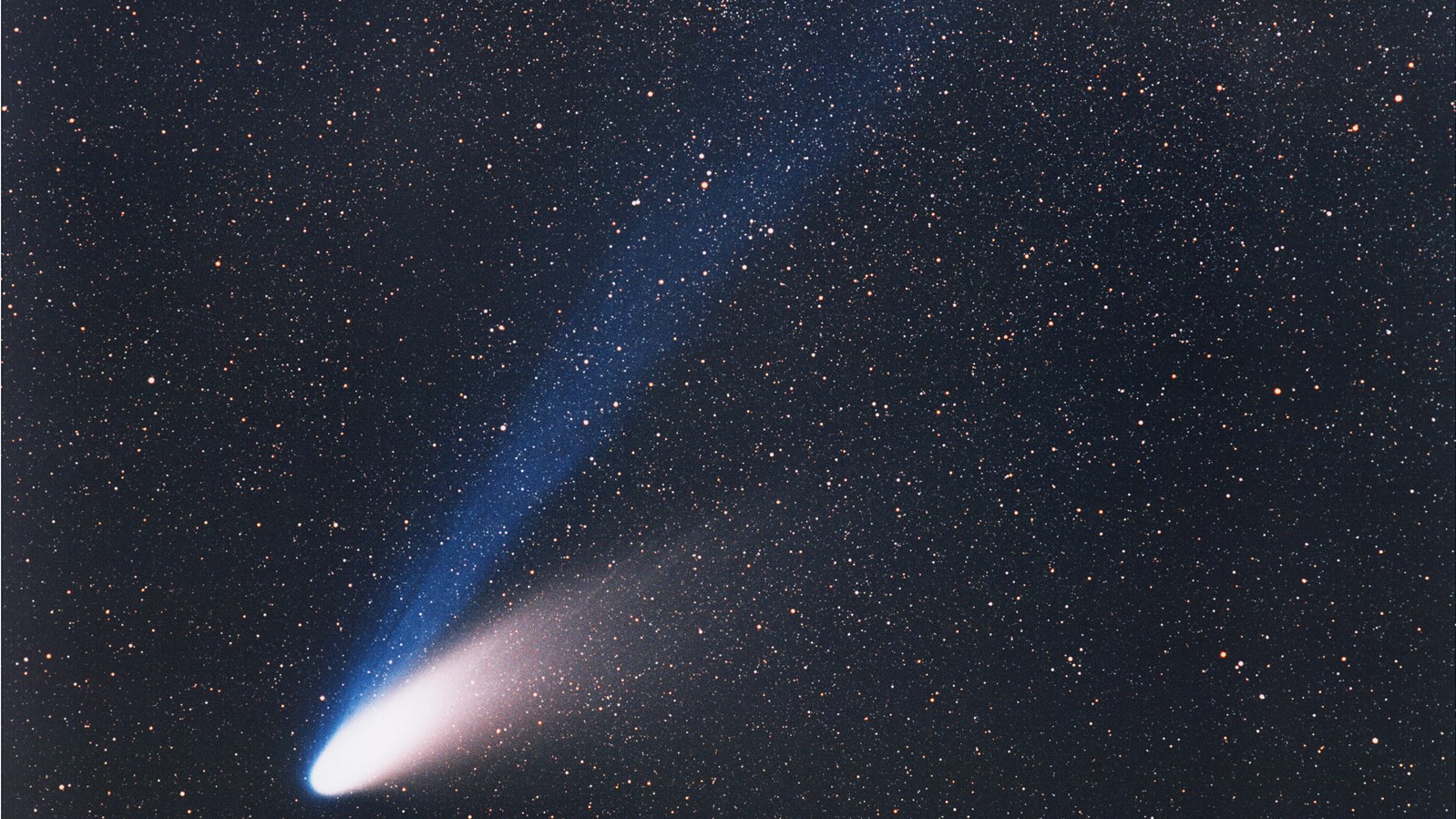 Comet C/1995 01 Hale-Bopp captured on March 14, 1997. In this image you can see the dust tail streaking out to the right whist the blue ion tail points away from the sun.