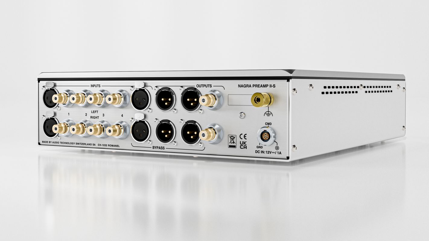 Nagra Preamp II-S preamplifier in silver on a white background rear panel shot