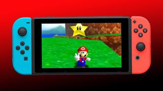 A photo of Mario being played on the Switch on a gradient background. 