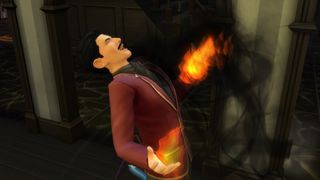 The Sims 4 mods - Become A Sorcerer: Mortimer Goth laughs maniacally with fire in his palms.