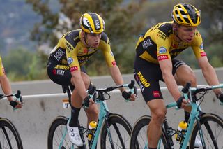 Wout van Aert follows Jumbo-Visma teammate Tony Martin on the opening stage of the 2020 Tour de France in Nice