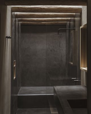 A dark brown bathroom