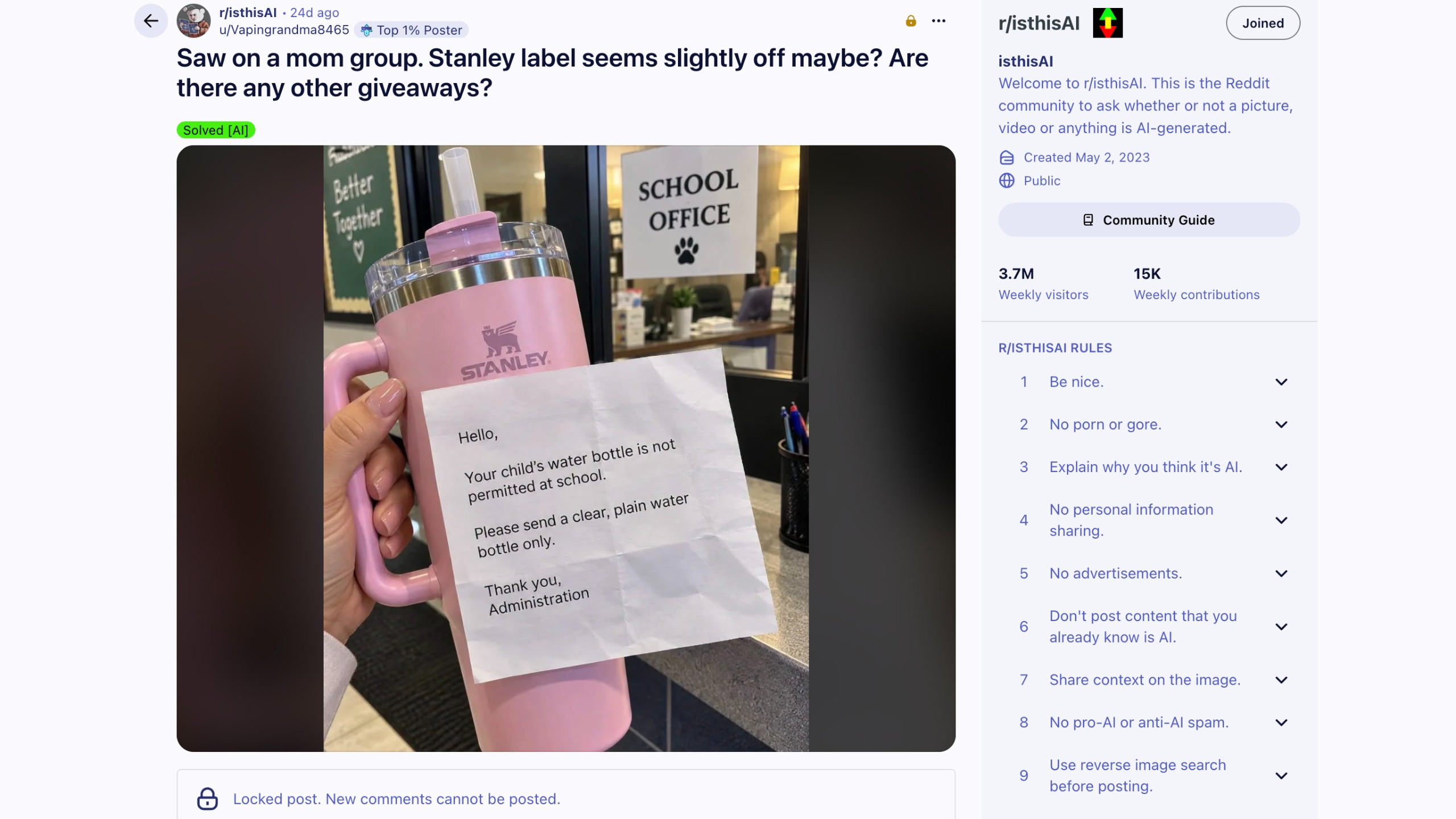 Suspected AI image on Reddit.