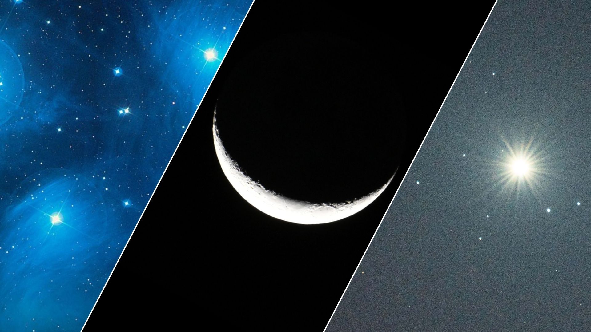 A three panel image showing the Pleiades open star cluster on the left, with a crescent upturned moon against a black sky in the middle and the bright, star-like form of Venus on the right.