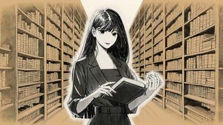 A screenshot from Hanashi no Hanashi trailer shows a woman holding a book, surrounded by shelves.