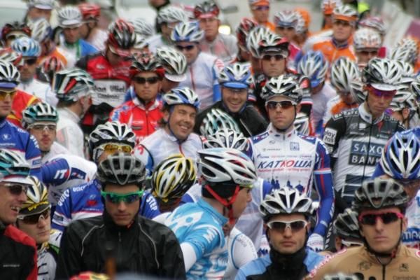 Riders await the start of the Challenge Mallorca's third stage.