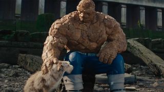 Ben Grimm petting a dog in The Fantastic Four: First Steps