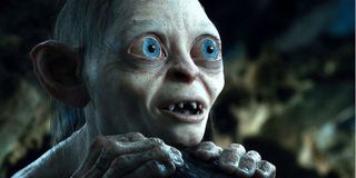 A close-up of Gollum looking wide-eyed at Bilbo during The Hobbit movie.