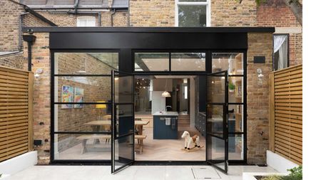 slimline black aluminium French doors on kitchen extension