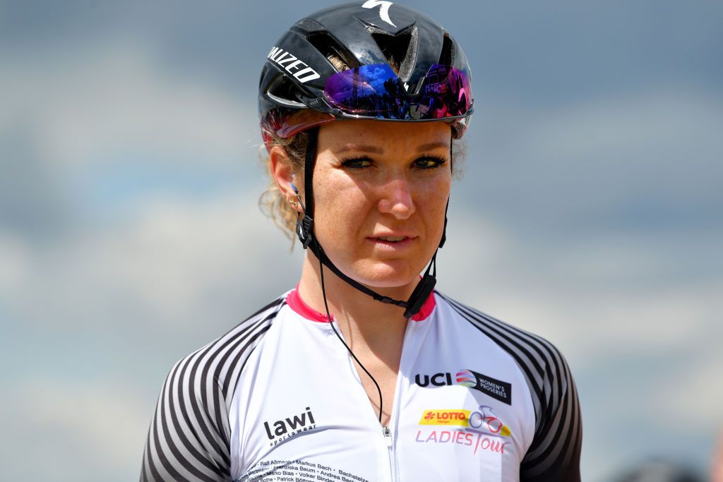 DRTENDORF GERMANY MAY 28 Amy Pieters of Netherlands and Team SD Worx stage winner jersey at start during the 34th Internationale LOTTO Thringen Ladies Tour 202 Stage 4 a 101km stage from Drtendorf to Drtendorf 420m ltlt2021 lottothueringenladiestour womencycling on May 28 2021 in Drtendorf Germany Photo by Luc ClaessenGetty Images