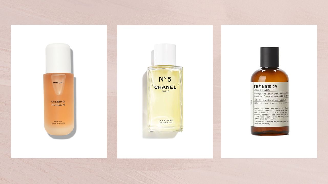 Collage of three of the best scented body oils featured in this guide from Phlur, Chanel, Le Labo, set against a pink watercolour-style background