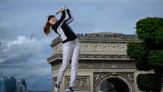 Lauren Holmey posing in promotional images for the 2024 Paris Olympics golf tournament.