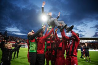 Graham Potter, head coach of Oestersunds FK celebrates after the victory during the UEFA Europa League Qualifying Play-Offs round second leg match between Oestersunds FK and PAOK Saloniki at Jamtkraft Arena on August 24, 2017 in Ostersund, Sweden.