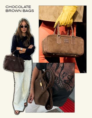 A collage featuring chocolate brown bags.