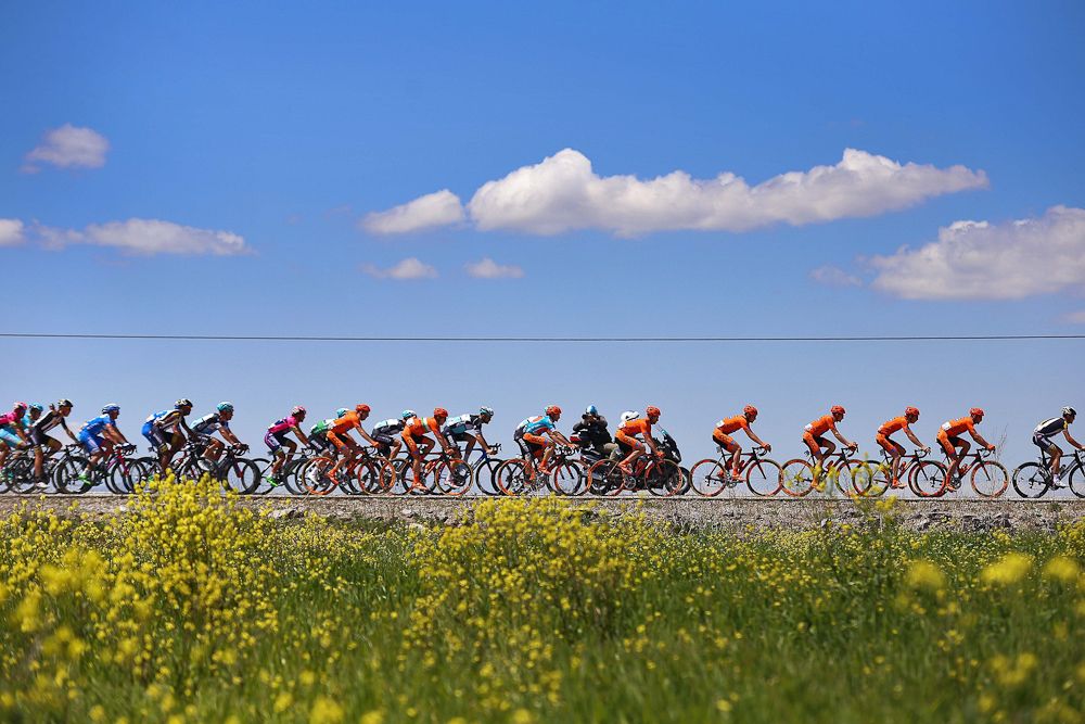 The peloton passes through the Turkish countryside.