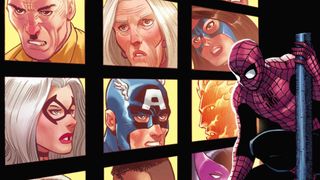 Spider-Man comic cover with several classic characters in small frames