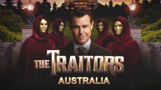 The Traitors Australia logo featuring host Rodger Corser and three masked figures