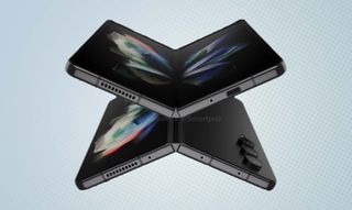 A render of the Samsung Galaxy Z Fold 4, showing two Z Folds partially open and arranged in an X pattern