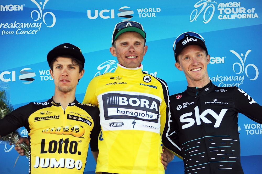 George Bennett, Rafal Majka and Ian Boswell on the stage 2 podium at the 2017 Tour of California