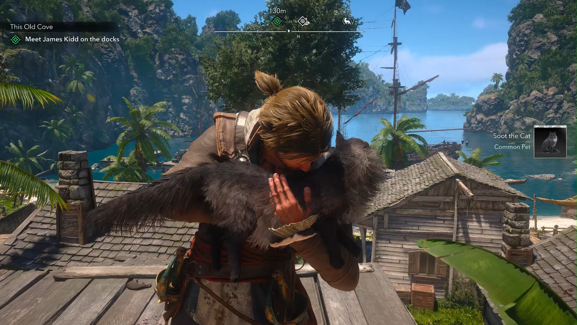Kenway cuddles Soot the Cat in Black Flag Resynced