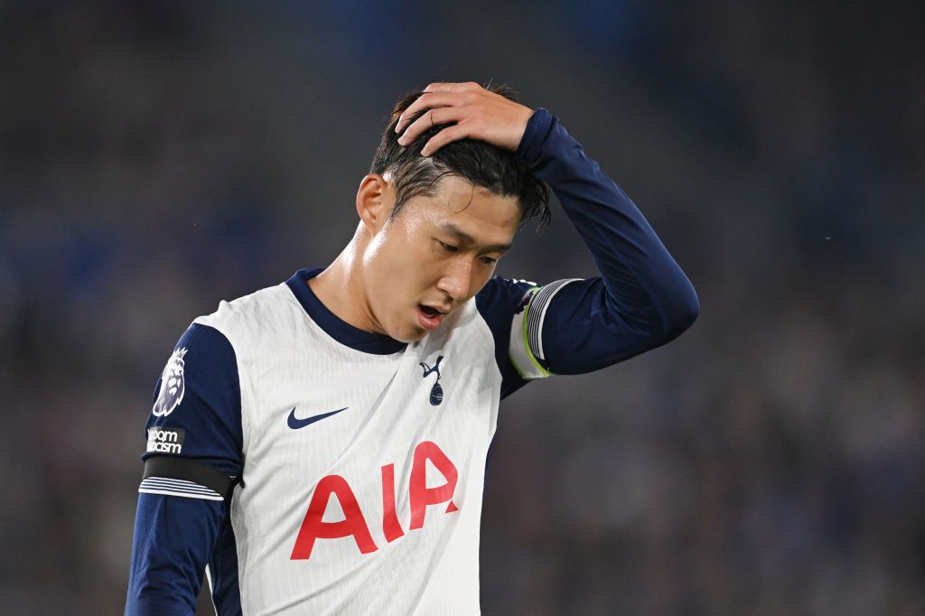 Son Heung-Min of Tottenham looks dejected during the Premier League match between Leicester City FC and Tottenham Hotspur FC at The King Power Stadium on August 19, 2024 in Leicester, England.