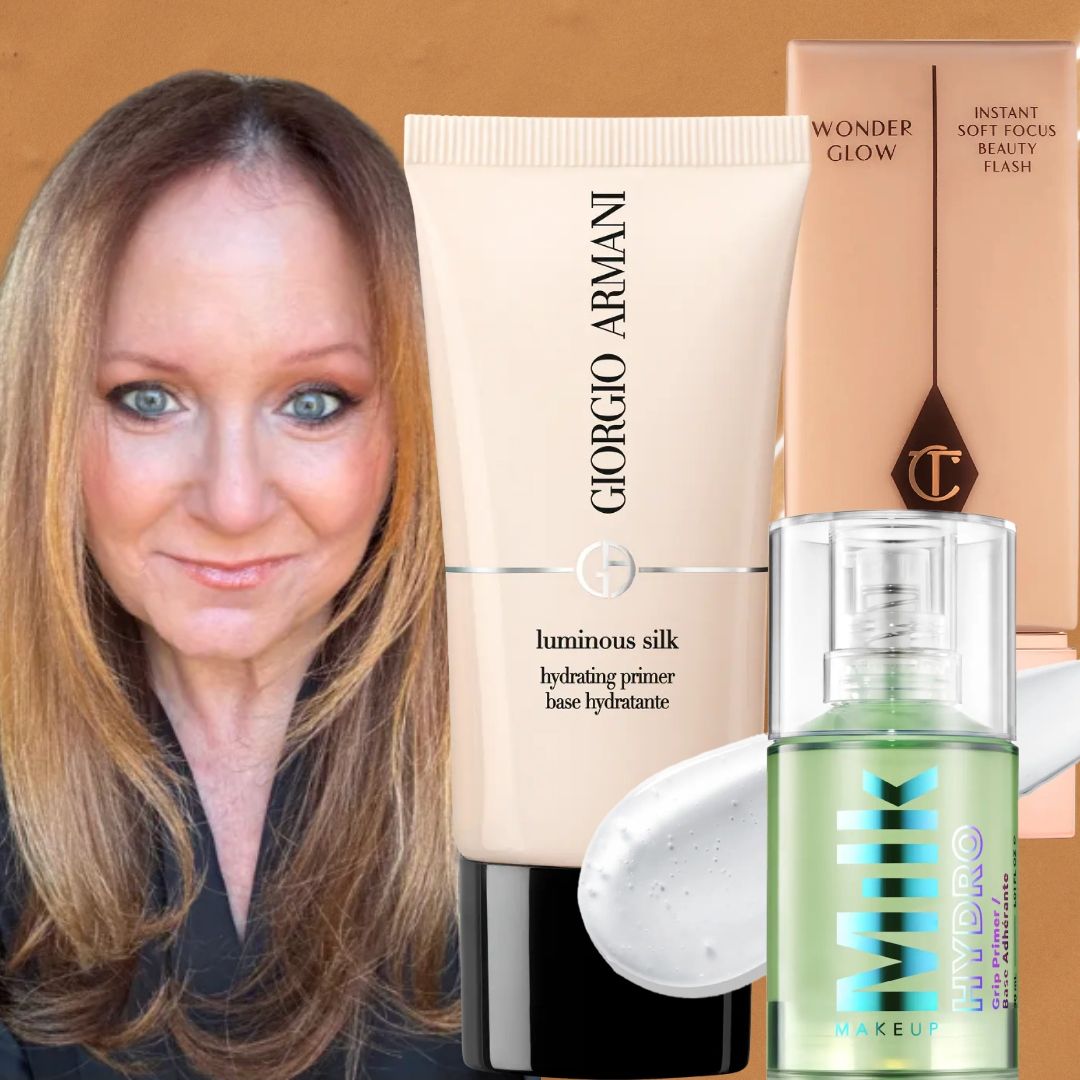 mature woman next to three primer products