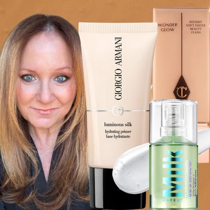 mature woman next to three primer products