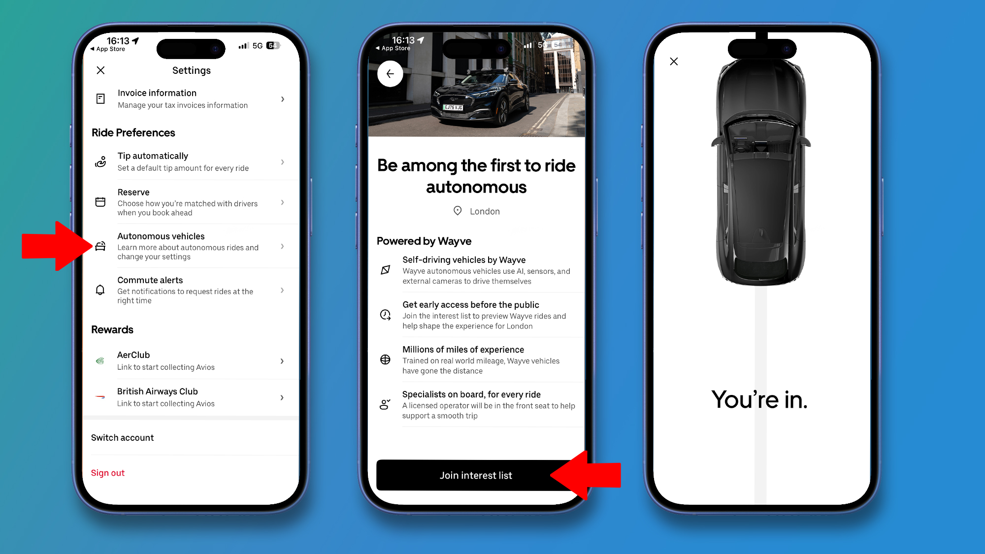 Three phones on a blue background showing how to join the list for autonomous taxis in the Uber app