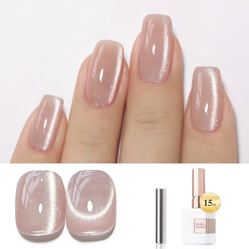 Double Rhythm Cat Eye Gel Polish With Magnet 15ml Holographic Glitter Shimmer Color 0.5 Oz Magnetic Gel Polish Salon Diy at Home (nude-Mc1057)