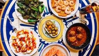 birdseye view of a table laid out with tapas in barcelona