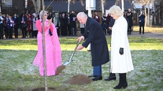 King Charles III and Camilla, Queen Consort plant a tree in the Altab Ali Park during a visit to the Bangladeshi community of Brick Lane on February 8, 2023 in London, England. The King and Queen Consort meet local charities and businesses as well as members who were actively involved in the anti-racism movement of the 1960's and 1970's.