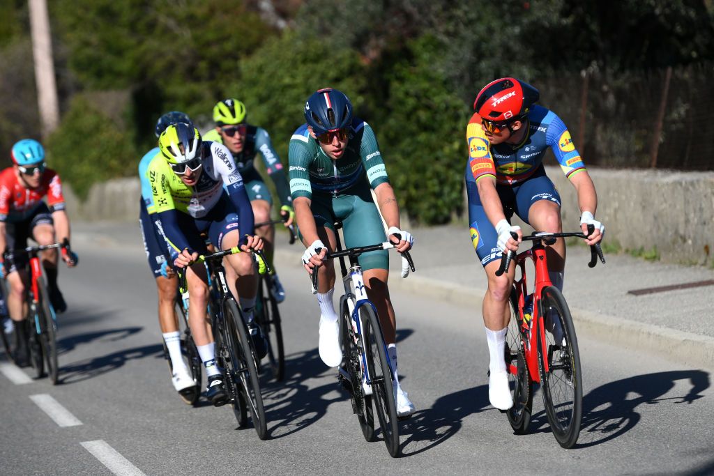 SISTERONFRANCE MARCH 07LR Georg Zimmermann of Germany and Team Intermarche Wanty Laurence Pithie of New Zealand and Team Groupama FDJ Green Points Jersey and Mads Pedersen of Denmark and Team Lidl Trek attack during the 82nd Paris Nice 2024 Stage 5 a 1935km stage from SaintSauveurdeMontagut to Sisteron UCIWT on March 07 2024 in Sisteron France Photo by Alex BroadwayGetty Images