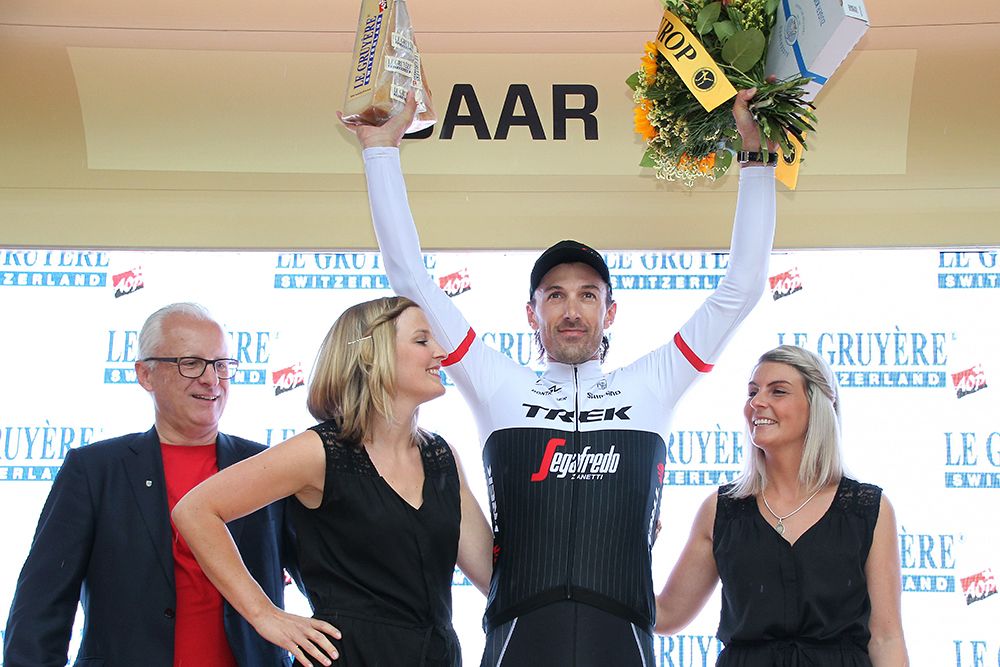 Fabian Cancellara (Trek-Segafredo) celebrates his prologue win