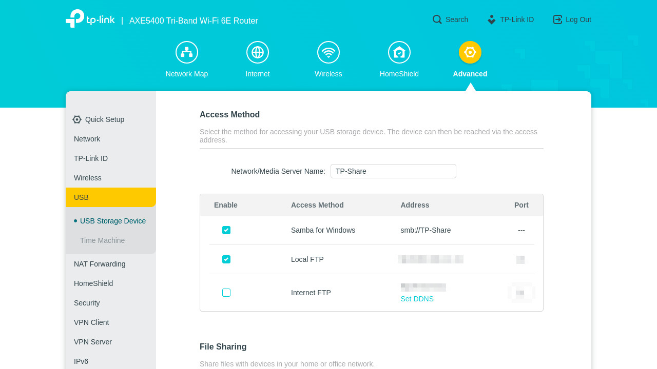 TP-Link Archer AXE75 USB settings