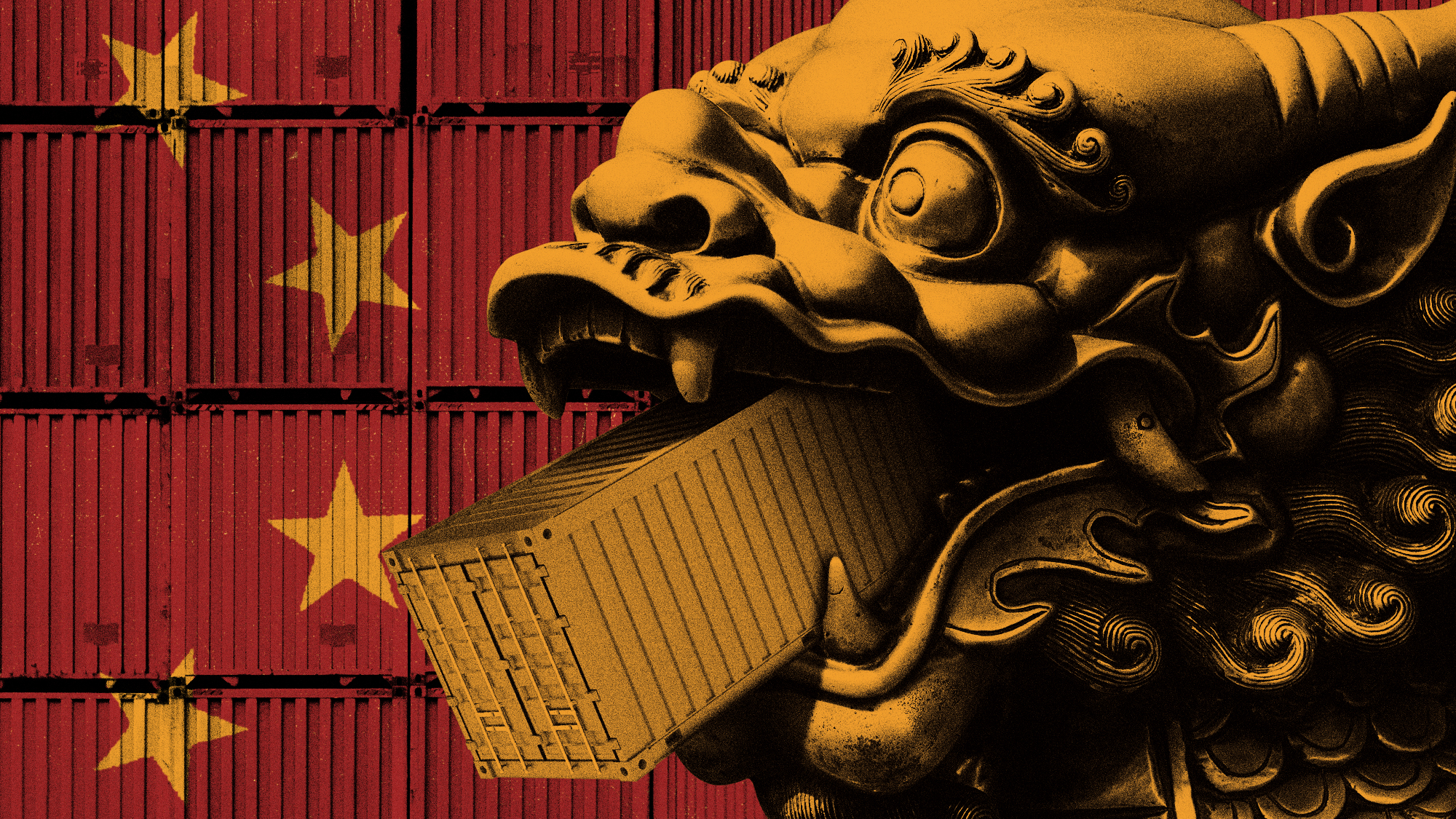 Illustration of a Chinese dragon eating a shipping container