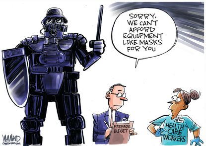 Editorial Cartoon U.S. healthcare workers riot police gear