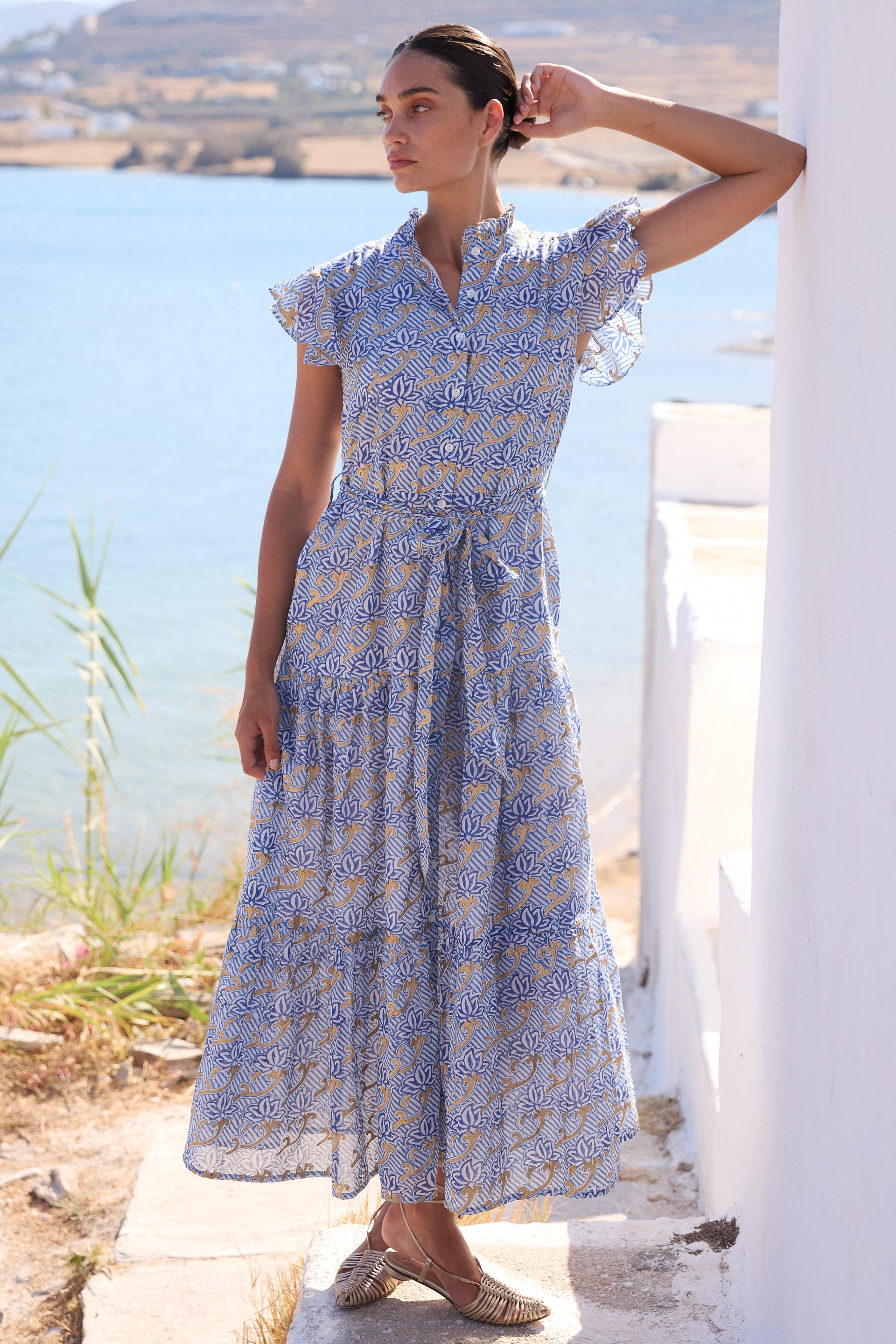 Ruffle Collar Button Maxi- Florence Blue - Xxs