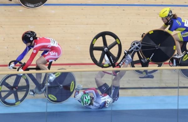 Elena Brezhniva hits the deck in the women's keirin heat