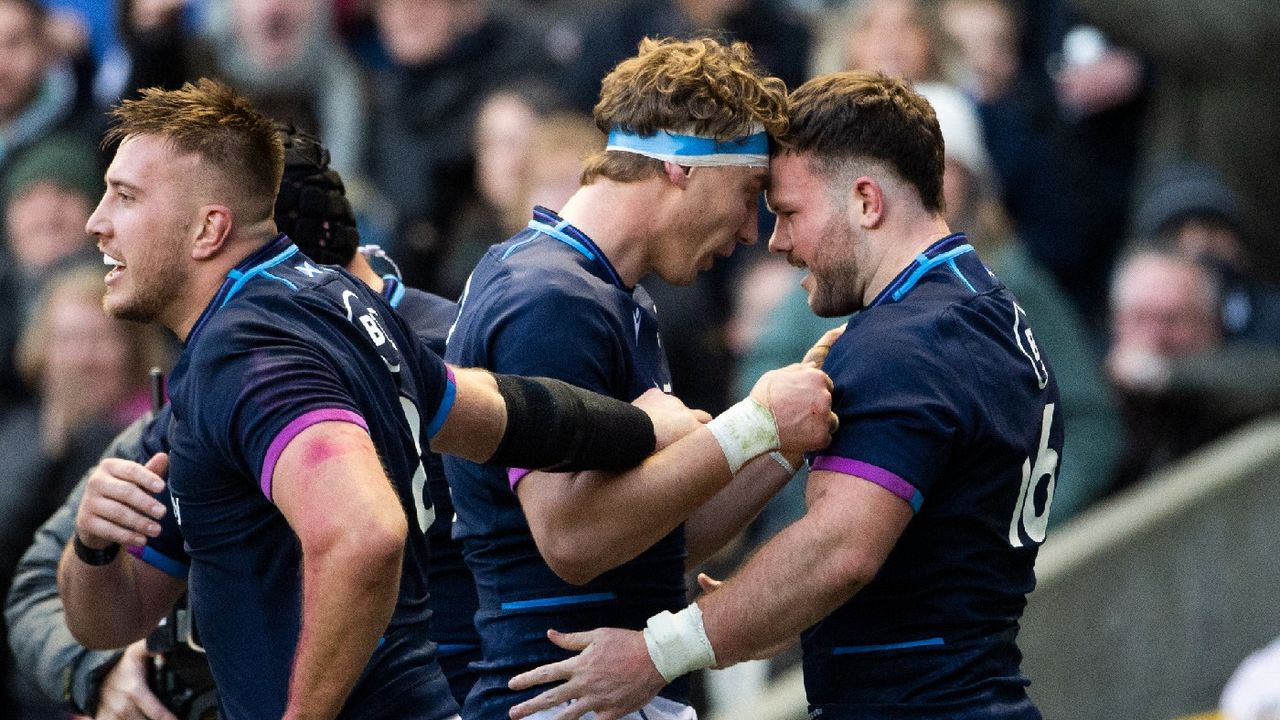 Scotland&amp;#039;s Jamie Ritchie celebrates with Ewan Ashman 