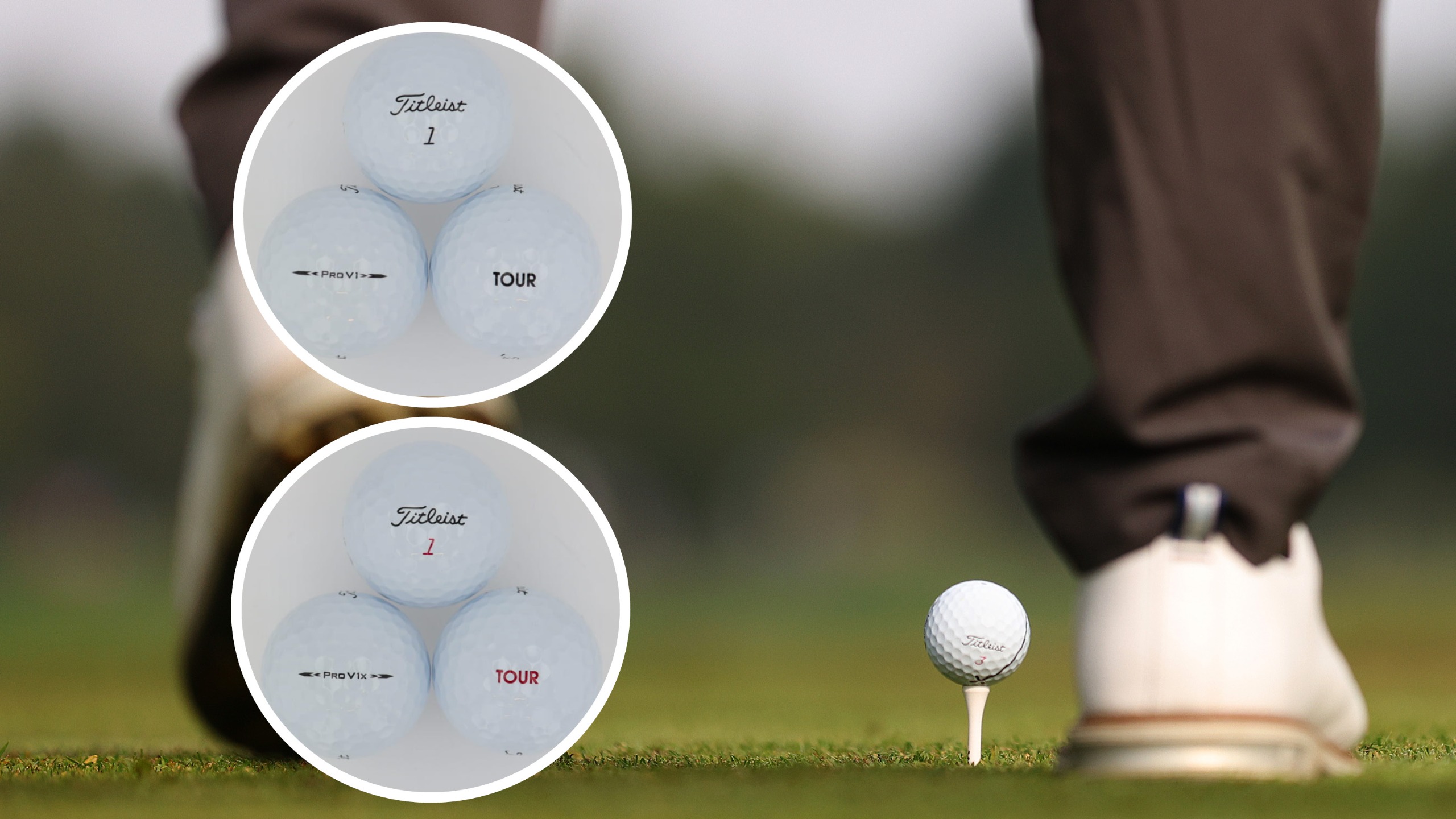 A golfer sets up to a golf ball, with two circles with Titleist golf balls in them