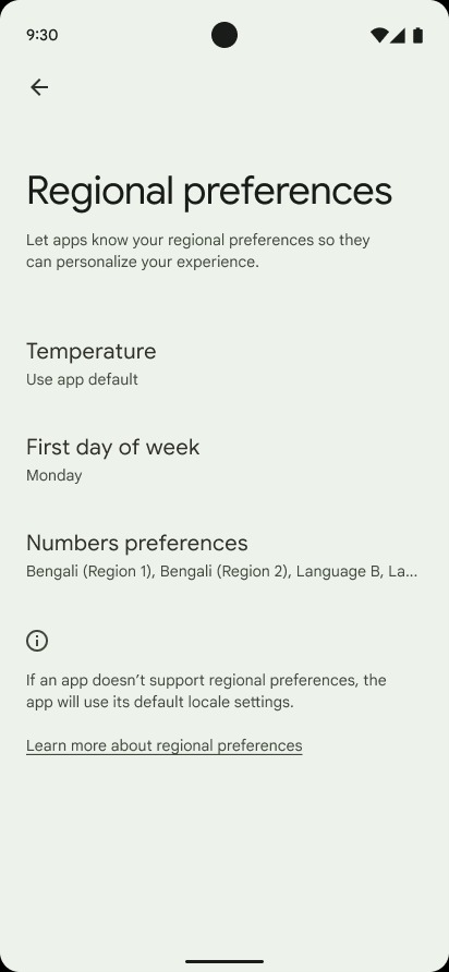 Android 14 regional preferences interface